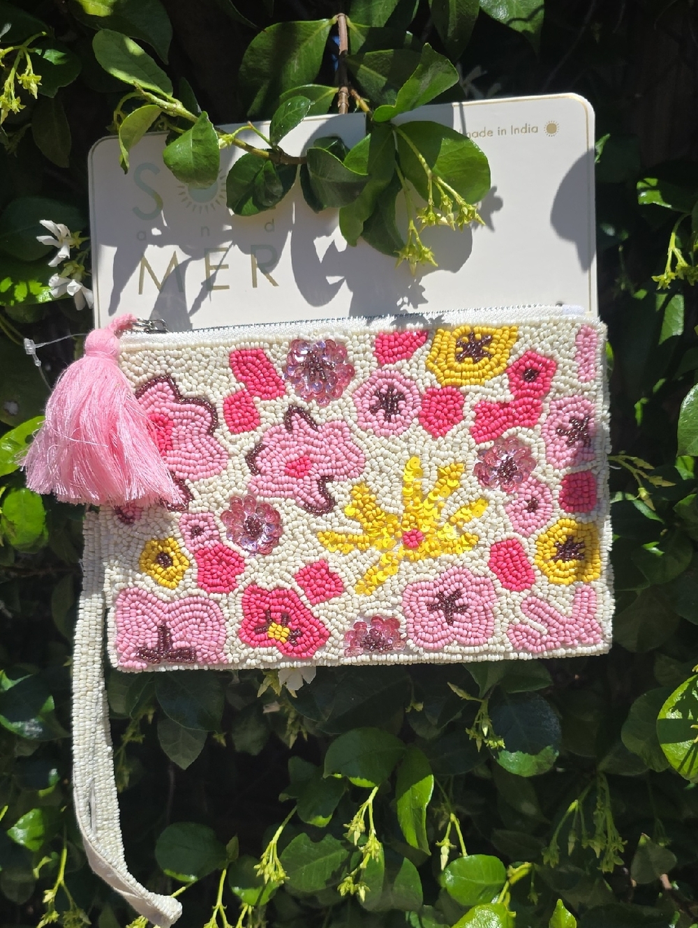 Beaded Floral Wristlet Clutch - Pink & Yellow